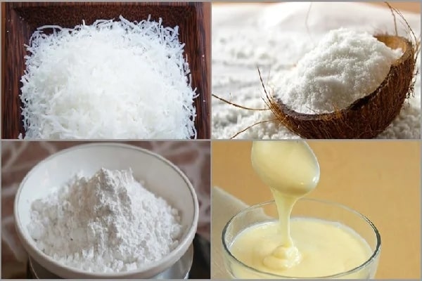 Nguyên liệu làm bánh dừa nướng truyền thống như dừa nạo, bột nếp và đường